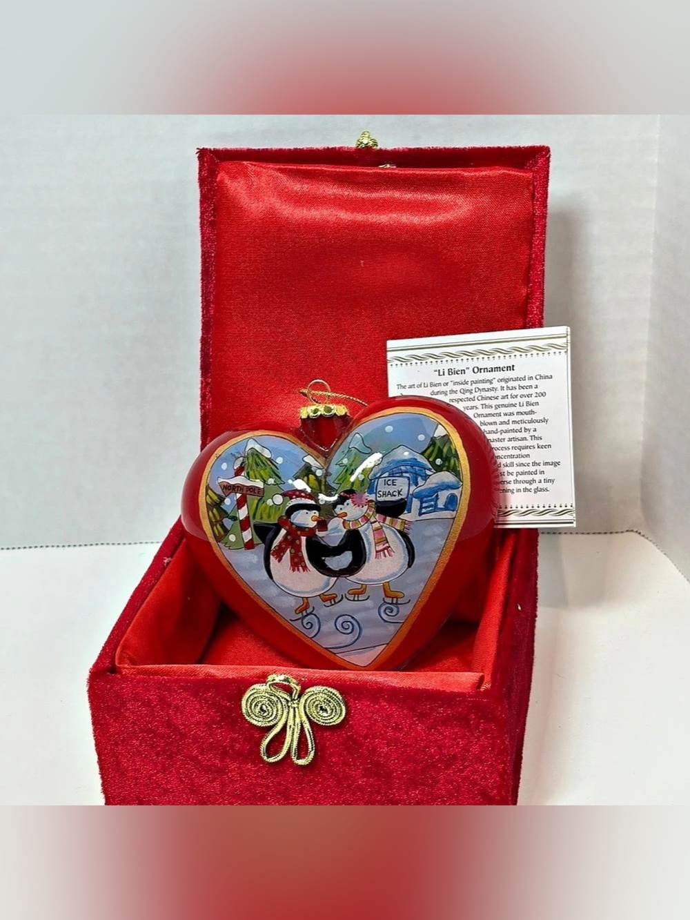 Li Bien Pier 1 Heart Penguins Ornament Reverse Painted Blown Art Glass Red 2012